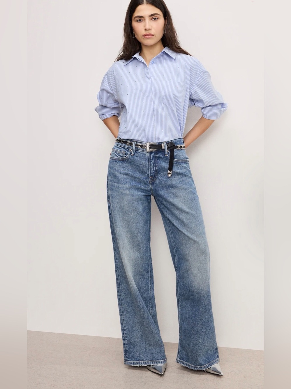 Good American Good Ease Petite Relaxed Jeans Size 4/27 Indigo575 Wide Leg 30”